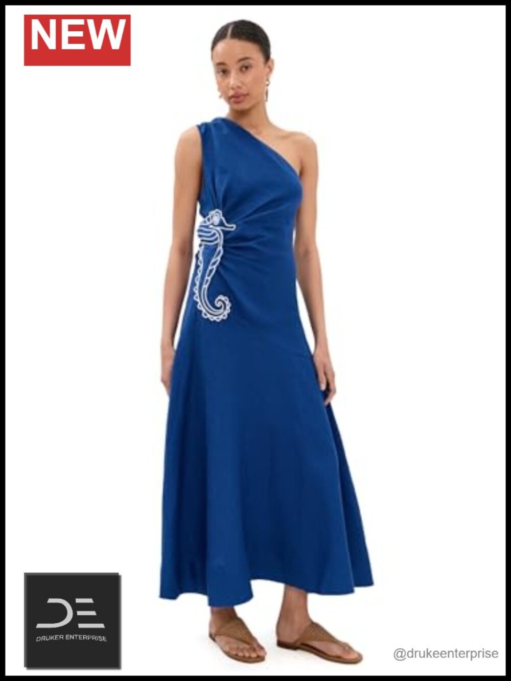 One Shoulder Linen Maxi Dress Embroidered Seahorse Ruching